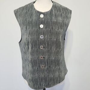 Portara Vintage Vest Pewter Unique Buttons Black Grey Crinkle Goth Punk Size 8